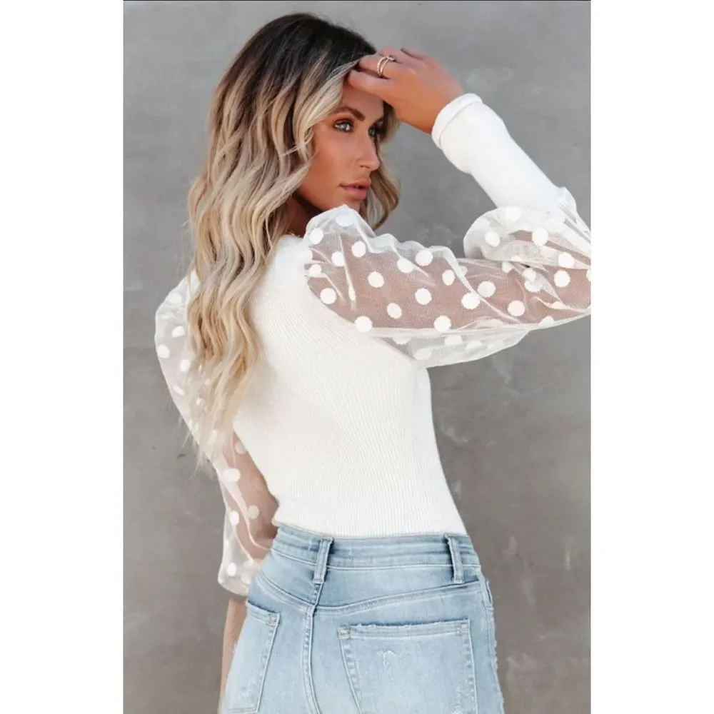 🔥 POLKA DOT • LONG SLEEVE KNIT TOP - IVORY - XL🔥 - Picture 2 of 10